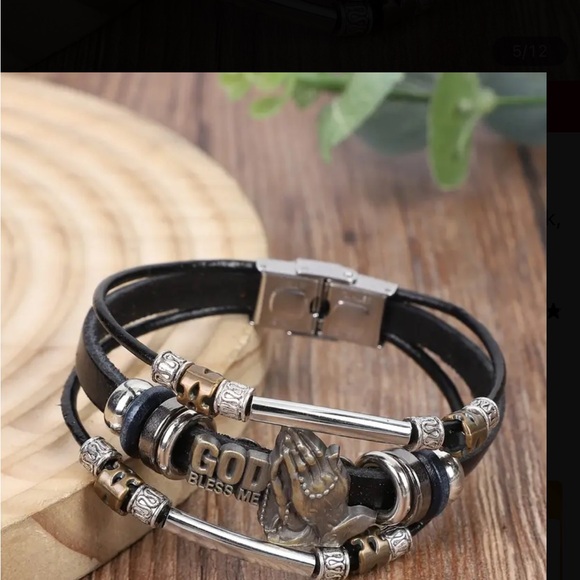 Black and Silver Bracelet with God Bless Me Charm - Picture 3 of 4
